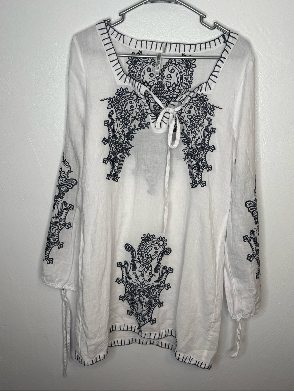 Monoreno Embroidered Linen Tunic Dress White Navy Boho Western Medium - Picture 2 of 12